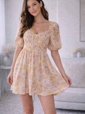 GAP Floral Sweetheart Puff Sleeve Mini Dress Cottagecore Size Large